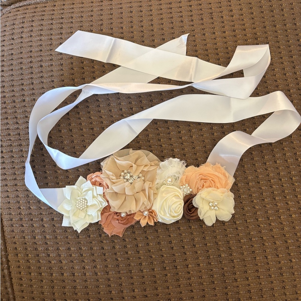 Embellished Floral Ribbon Belt in shades of cream and tan. Unique